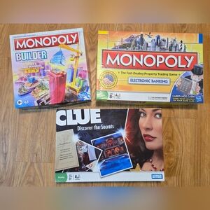 Lot of 3 Board Games: Monopoly Builder, Monopoly Electronic Banking, Clue